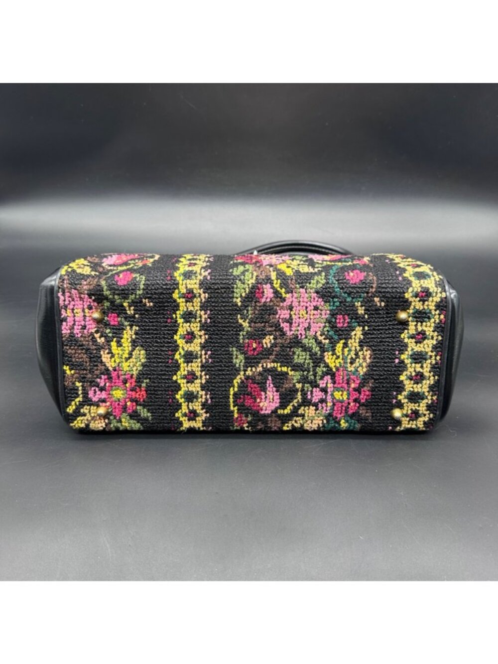 Vintage Tapestry Carpet Bag Purse Handbag 1960s Floral Dual Handles Pink Black - Picture 6 of 12